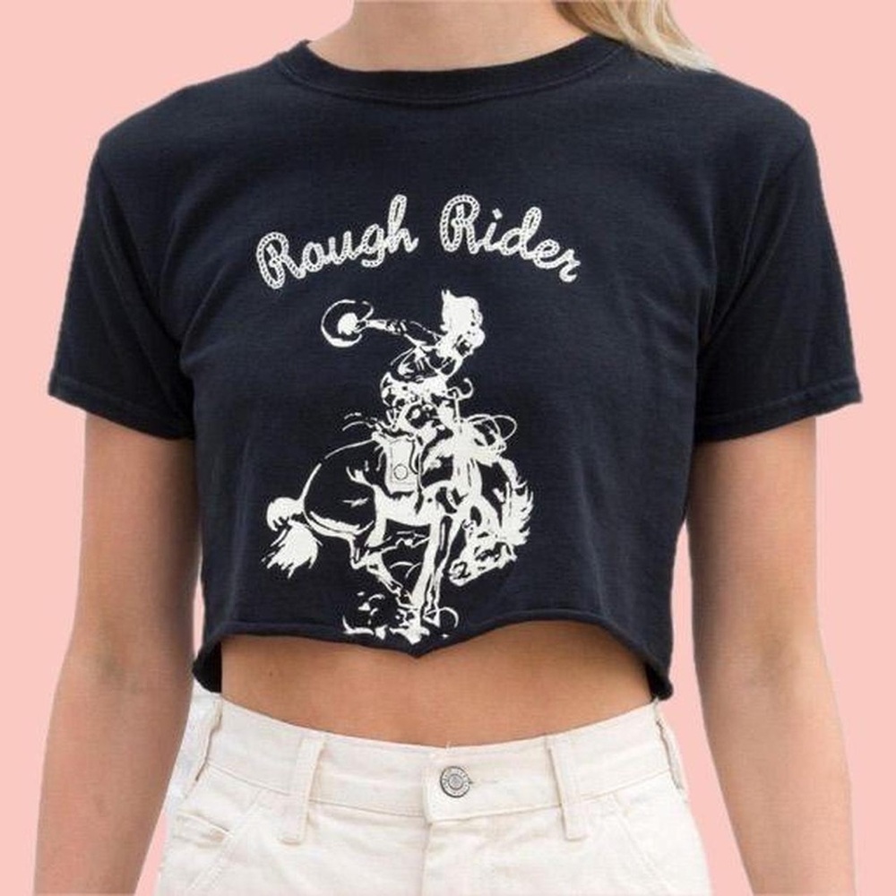 John Galt Brandy Melville Rough Rider Short Sleeve Cropped Tee Women XS Black - Picture 2 of 6